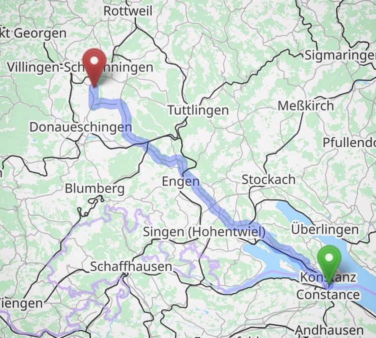 Straßenkarte mit eingezeichneter Strecke von Konstanz nach Bad Dürrheim